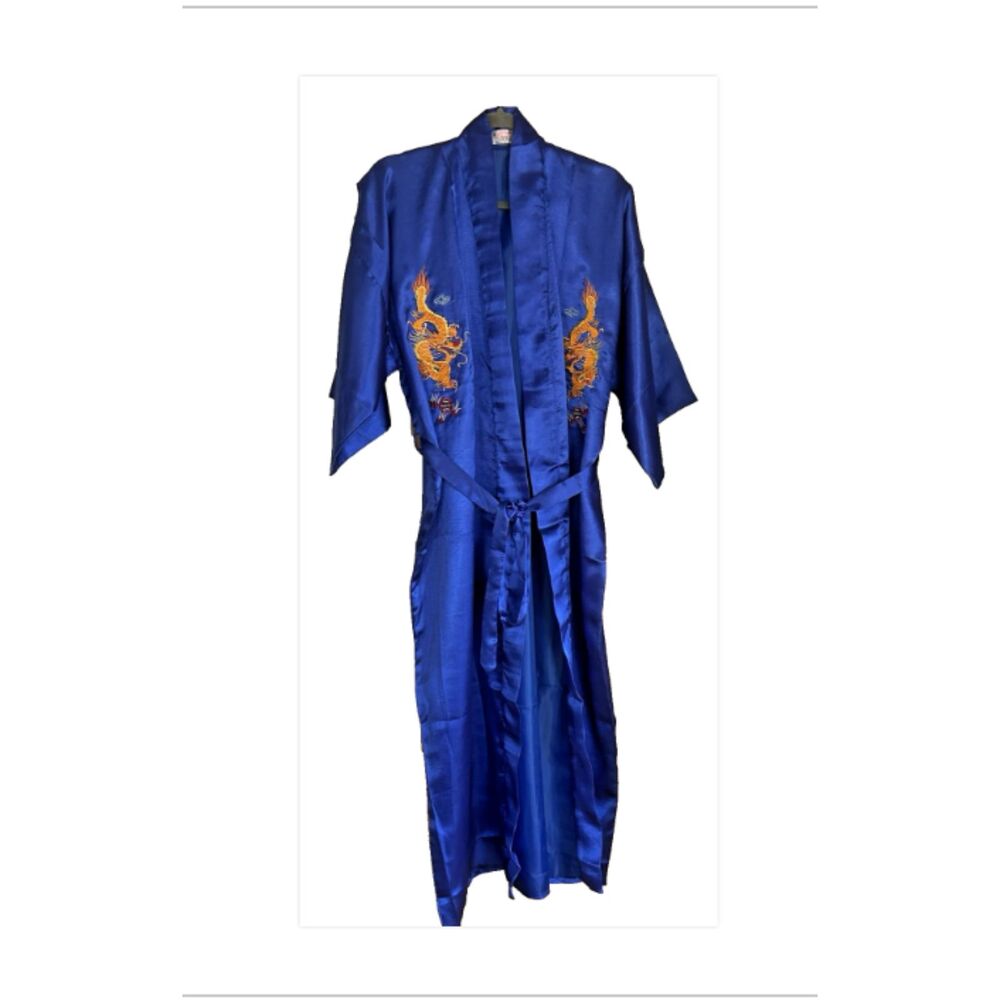 Golden Dragon Kimono Robe Belt Lined Embroidered Dragon Front & Back One Size